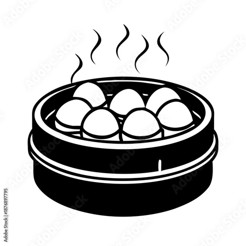 Steaming hot dumpling steamer basket filled with traditional Asian food. Culinary dumpling steamer basket showing delicious oriental cuisine.