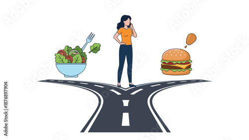Young woman stands at crossroad making difficult decision between healthy salad and fast food burger for her daily meal choice.