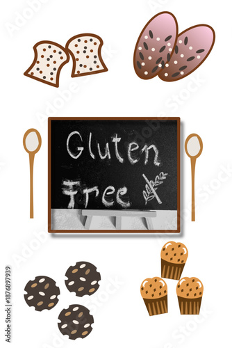 Gluten free food concept vector illustration featuring bakery products such as bread slices, muffins and cookies arranged around a chalkboard style element with gluten free text.Clean and modern flat 