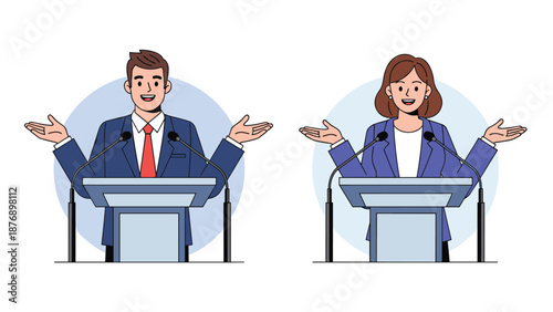 Male and female public speakers or politicians standing at identical podiums and gesturing expressively during important formal debate.
