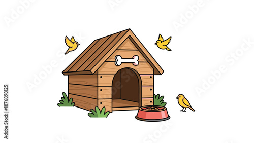 Charming wooden doghouse with bone decoration food bowl and three cheerful yellow birds in peaceful outdoor setting.