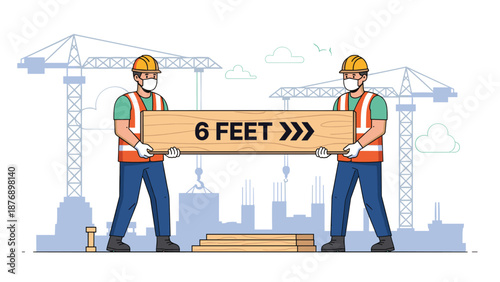 Two construction workers wearing safety gear and face masks holding wooden sign showing six feet social distancing requirement.