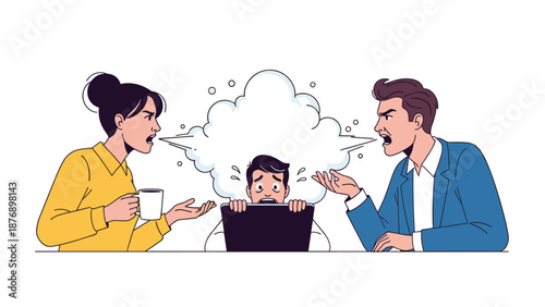 Terrified office worker hides behind a laptop while two angry bosses shout and release steam in a corporate setting.