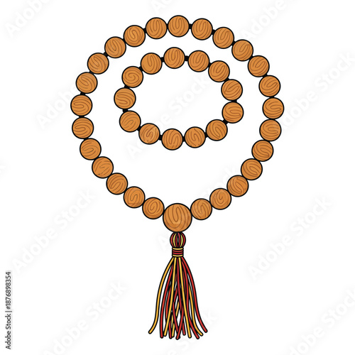 Illustration of a prayer beads necklace with a colorful tassel on a plain background from a direct viewpoint