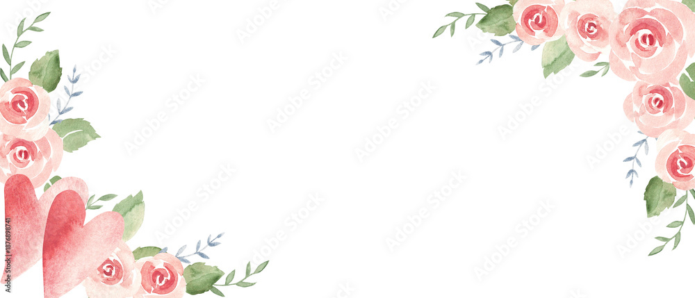 Fototapeta premium Valentines Day or Wedding Horizontal frame, border with pink and red Hearts, pink roses, leaves and branches. Hand drawn Watercolor festive illustration. For Romantic Cards and prints. save the date