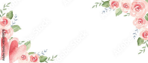 Valentines Day or Wedding Horizontal frame, border with pink and red Hearts, pink roses, leaves and branches. Hand drawn Watercolor festive illustration. For Romantic Cards and prints. save the date