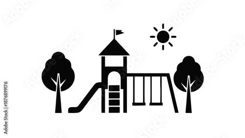 Vector illustration of a children's outdoor playground with slides, swings, and sun, on transparent background