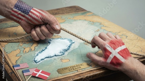 Geopolitical Tug-of-War: A conceptual illustration depicting the complex dynamics of international relations, where hands adorned with flags represent the involved parties.