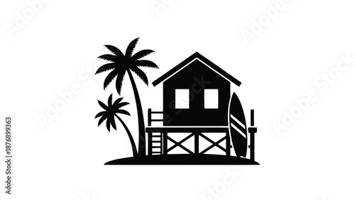 Vector illustration of a beach house with palm trees and surfboard, on transparent background