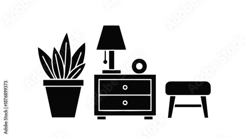 Vector illustration of minimalist bedroom furniture set, plant, lamp, and nightstand, on transparent background