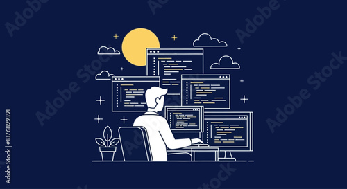 Man Working on Multiple Computer Screens.