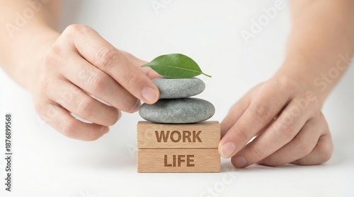 Work-life Balance: A person's hands delicately arrange stones and leaf, representing the equilibrium between work and life, embodying tranquility and harmony in the work-life.