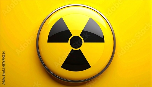 Large glossy yellow button featuring the black universal radiation symbol on a vibrant yellow background