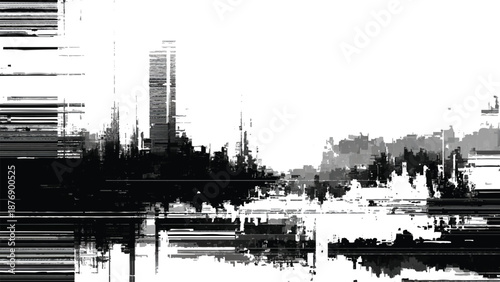 Glitchy cityscape with distorted skyscrapers and trees  abstract urban landscape