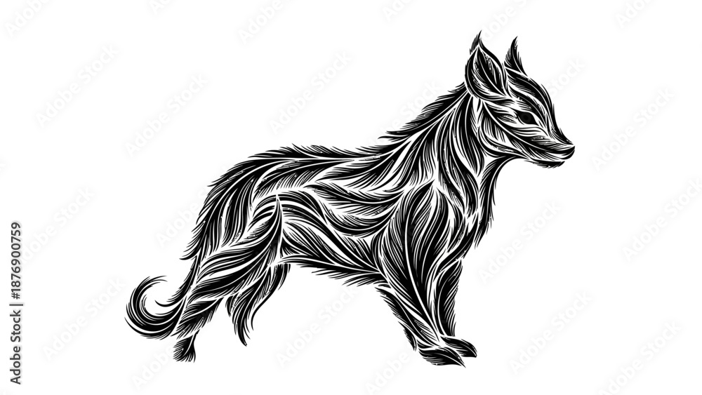 Obraz premium Ornate Stylized Wolf or Dog Silhouette with Intricate Pattern, isolated white background