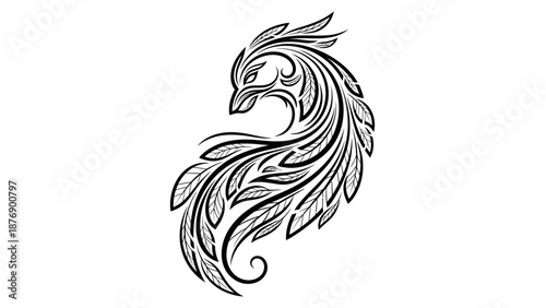 Wallpaper Mural Elegant Phoenix Bird Ornate Line Art Decoration, isolated white background Torontodigital.ca