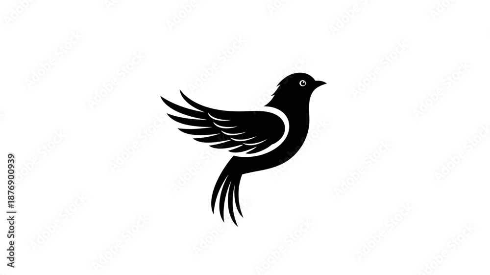 Fototapeta premium Minimalist Stylized Black Bird Design with Spread Wings on Isolated White Background