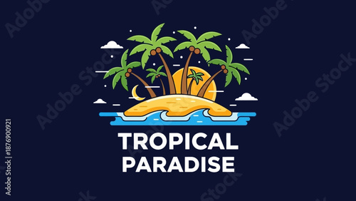 Tropical Paradise Island at Night with Palm Trees, Full Moon, and Ocean Waves