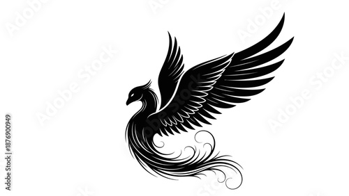 Majestic Stylized Phoenix Bird with Ornate Swirling Feathers on Isolated White Background