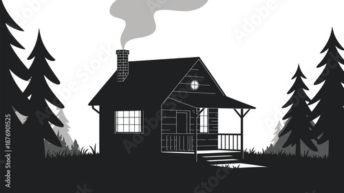 Cozy cabin in the woods with smoke rising from chimney