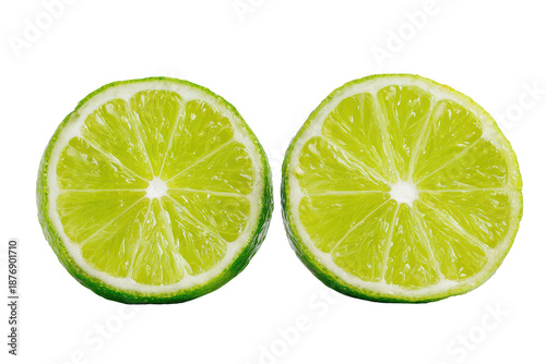 Halved limes isolated on transparent background. Two fresh lime halves citrus fruit slice isolated on white background.
