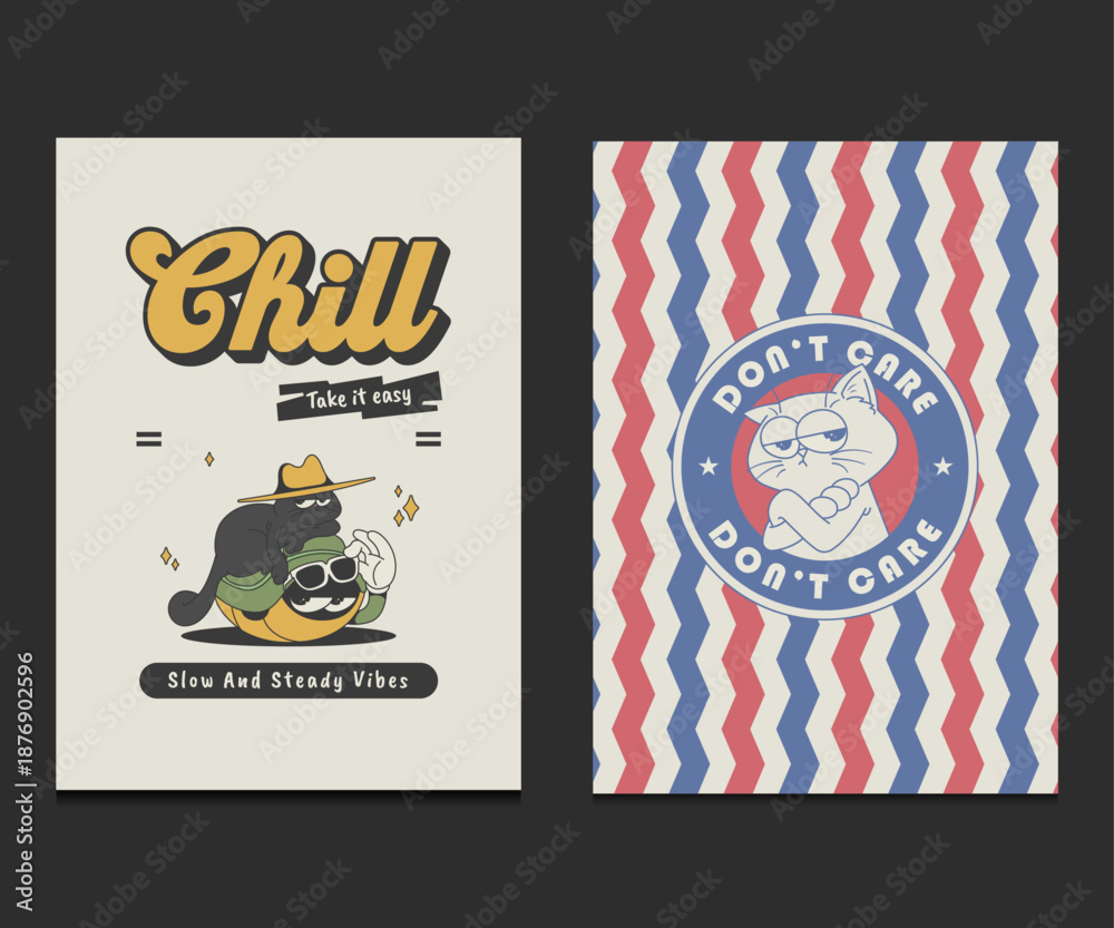 Naklejka premium cute chill animal illustration set with relaxed retro cartoon characters, perfect for posters, wall art, and t-shirt, vector illustration