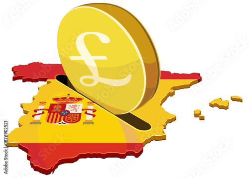 A large gold pound coin being inserted into a slot on a map of Spain with its national flag colors. Concept for investment, economy, or financial savings in Spain. (cut out)