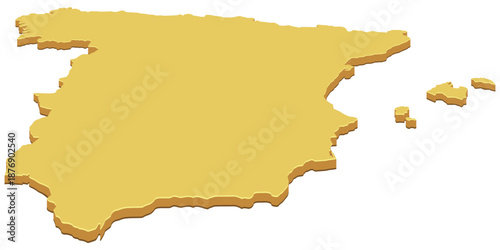 3D map of Spain in a solid yellow color. Perspective view of the country's borders. (cut out)