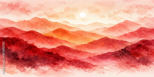 Abstract grunge red background featuring a beautiful sunset cloudscape with summer flowers under a golden sunrise sky