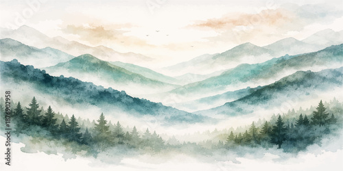 A breathtaking summer landscape of mountains and clouds at sunrise features a misty blue mountain view with fog rolling over hills under a light cloudy sky at the horizon