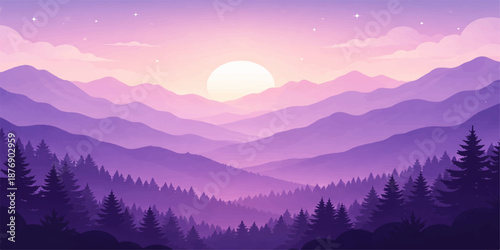 A breathtaking mountain landscape view featuring a misty forest valley under a glowing sunrise and sunset sky with snow-capped hills and clouds at dawn