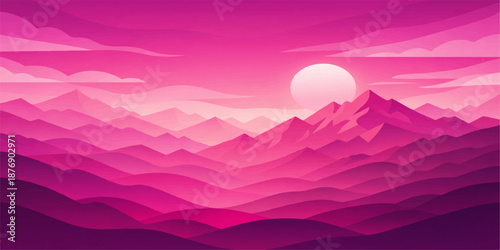 A breathtaking mountain landscape at dawn and dusk features a snowy valley shrouded in fog and mist under a blue winter sky as the sun sets over the distant forest horizon