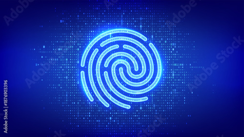Fingerprint icon made of binary code. Personal data protection. Biometrics identification. Cyber security. Password control. Private secure safety. Digital code background with 0s and 1s. Vector.
