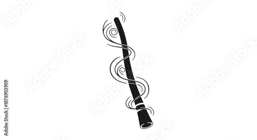 Energetic Didgeridoo Illustration with Dynamic Swirling Sound Waves in Monochromatic Design
