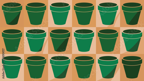 Collection of green flower pots on orange background for gardening