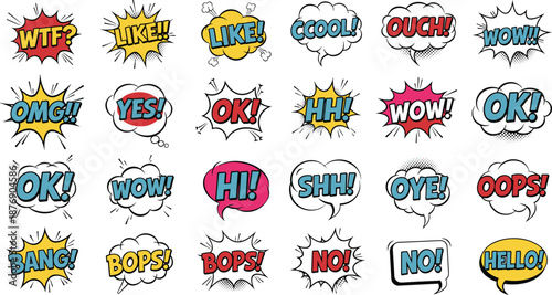 Colorful comic speech bubble set with pop art text effects like wow, oops, hello, and bang, featuring retro cartoon stickers and explosion captions.