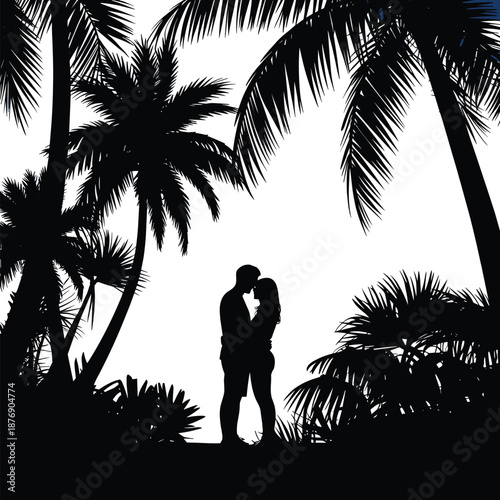 A tropical summer sunset silhouettes a couple traveling near palm trees on a Hawaiian island beach landscape with a scenic ocean sky