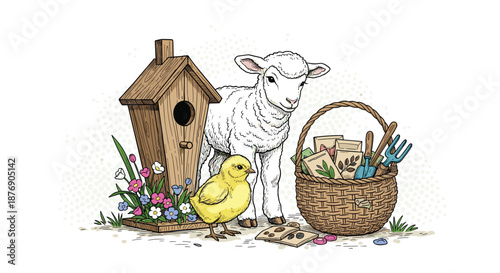 Hand-drawn engraving style spring composition with a young lamb birdhouse yellow chick and garden tool basket on white background.