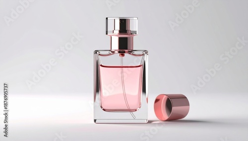Elegant Clear Perfume Bottle with Rose Gold Accents on White Background
