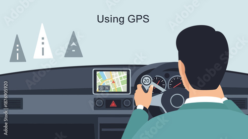 Man Driving Car Using Navigation System For City Routes And Local Travel