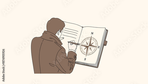 Man Drawing A Compass On Book Seeking Guidance For Future Directions