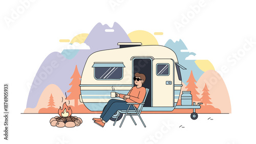 Man Enjoying Camping In The Wilderness Near A Campfire And Cozy Caravan