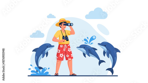 Man Enjoying Dolphin Watching With Binoculars At Summer Holidays Vacation