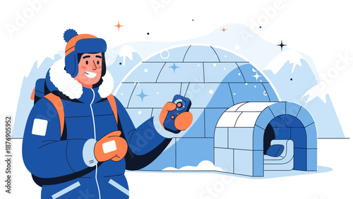Man In Winter Clothes And Igloo As A Symbol Of Northern Travel