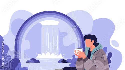 Man Enjoying Coffee Near Waterfall With Rainbow During Serene Day