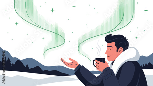 Man Enjoying Hot Beverage Under the Northern Lights During A Winter Vacation