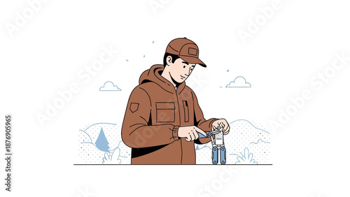 Man In Winter Landscape Maintaining Multitool For Outdoor Exploration And Adventure