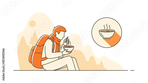 Man Enjoying Hot Meal In Nature After Outdoor Activities And Hike In Mountains