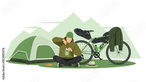 Man Enjoying Meal During Bike Touring Trip Near Tent In Mountain Landscape