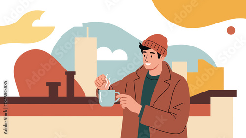 Man Enjoying Morning Coffee On Rooftop With City View In The Background